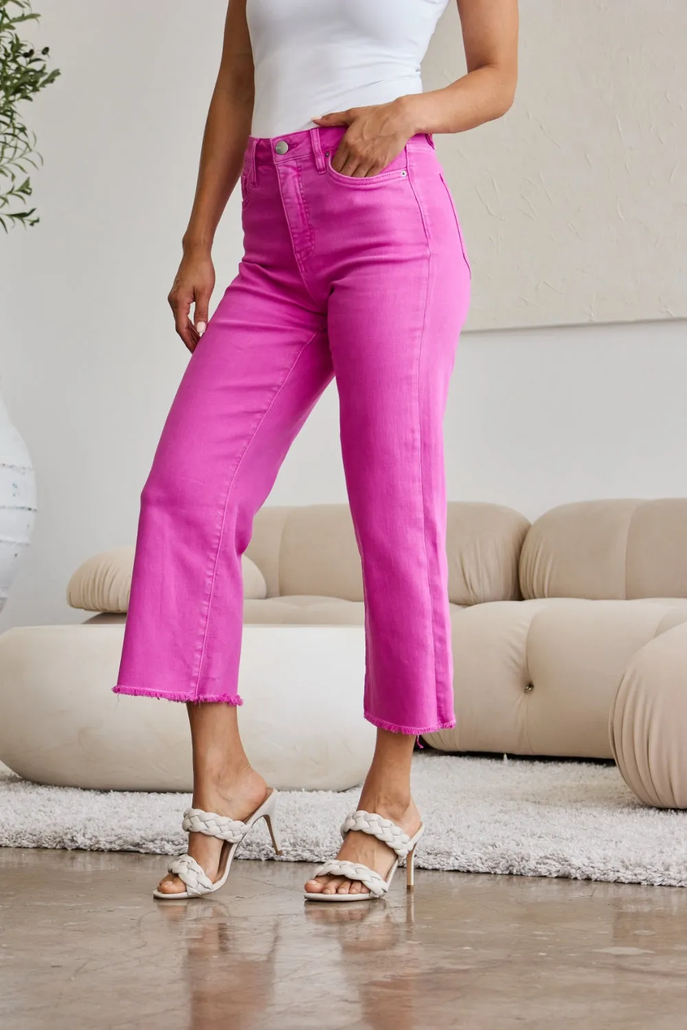 Full Size Tummy Control High Waist Raw Hem Jeans